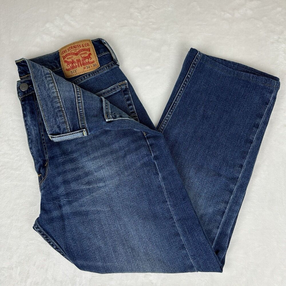 Levis Mens Jeans 513 Slim Fit Straight Leg Dark Wash Blue Size 34x30(26L Actual)